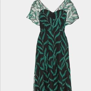 Lela Rose cocktail fringe embroidered flutter sleeve illusion dress